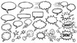 © Grangger - A large collection of hand-drawn comic book speech bubbles, thought clouds, and dynamic sound effect elements in black and white.