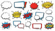© Grangger - A vibrant collection of comic book style speech bubbles and explosive sound effect bursts in various shapes and colors, perfect for graphic design.