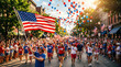 © Creative Valley - Large Independence Day parade crowd celebrating with a waving American flag and colorful red white and blue balloons, showcasing festive community spirit under summer sunshine