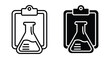 © Vintage Stock - Laboratory flask and clipboard icons representing scientific research data analysis medical testing chemistry experiments and clinical trial results for healthcare
