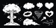 © GraphixEra - Set of hand drawn comic smoke explosion tornado cloud and heart shapes isolated on a black background