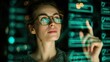 © Abdullah - Focused woman wearing glasses interacting with digital priority matrix interface in dark studio