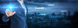 © Gs - Online banking and digital finance concept. Businessman touching a glowing bank icon on a futuristic blue tech background with 'BANKING' text, arrows, and world map data.