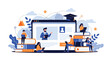 © Danish - Online education concept illustrates students learning from home using laptops and books while connected to a virtual classroom.