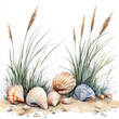 © Silent26 - Artystyczna ilustracja przedstawia muszle ułożone wśród traw plażowych na piaszczystym podłożu. Kompozycja utrzymana w naturalnej kolorystyce emanuje spokojem, wakacyjnym klimatem i naturą.