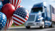 © Nataliya - Close-up of a colorful illustration of a semi-truck with American flag and Labor Day balloons, Labor Day illustration concept, festive truck photography, holiday trucking