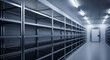 © SashaMagic - Empty industrial walk-in freezer with stacked steel shelves and fluorescent lights, creating a sterile, minimalist atmosphere for commercial projects