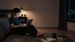 © Fury's Studio ;) - Young adult working late on laptop in dimly lit bedroom at night with city view