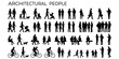 © JIm Studio - Solid human scale silhouette set for architecture presentations, site plan entourage, section figures, walking sitting standing people vector illustration