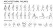 © JIm Studio - Architectural people CAD blocks vector illustration. Human figure line drawings, top view plan, side elevation, walking sitting standing entourage set