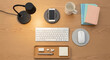 © Puji - Overhead view of a modern home office desk setup with a computer, keyboard, mouse, lamp, and notebook, ideal for remote work and productivity
