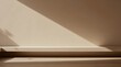© Oleksandr - Warm beige interior wall with diagonal light shadow and shelf. Neutral room scene with soft pastel tones and minimal decor elements. Copy space for text.