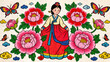 © Lumi Stock Studio - Premium traditional Korean folk art illustration of woman in hanbok with peonies and butterflies in classic minhwa style, traditional Korean culture concept illustration with copy space