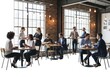 © Songpong - People working in modern office kitchen with large windows