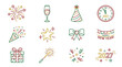 © Rra Terra - A set of festive line icons for New Year's Eve celebrations, featuring fireworks, champagne, party hats, clocks, gifts, and confetti.