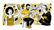 © imammudzakir - Diverse people using smartphones and tablet in a stylized, abstract, yellow and black illustration.