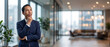 © Hariyanto Bromantio - Indonesian business man investor, doubtful young male ceo executive wearing suit standing in office holding hand in chin looking away at work thinking on leadership question, feeling doubt.