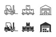 © Татьяна Петрова - Warehouse equipment icons with forklifts, pallets, and storage buildings.