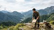© Shousei - 自然に囲まれた場所でキャンプ準備を行う若い男性。広い背景と余白が広告デザインに活用しやすい。ソロキャンプやアウトドア人気を反映したテーマ。