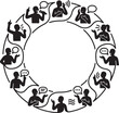 © ibrahim - Circular frame of people communicating with speech bubbles and gestures in a minimalist black and white vector