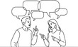 © MdMujahidFakir - Line art illustration of a man and woman engaged in an discussion with multiple speech bubbles conversation discussion dialogue. Vector illustration
