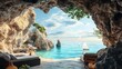 ©  Orville ® - A picturesque view of a tranquil cove with a sailboat in the distance from the shaded opening of a rock cave.