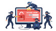 © Muhammad - Flat vector illustration of masked ninjas attempting to hack a secure computer login screen display