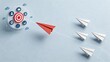 © Violet - Creative paper airplane flying towards a target goal with strategic icons, symbolizing leadership direction, marketing focus, and successful project management in a minimalist