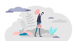 © VectorMine - Burnout concept, tiny business person illustration, transparent background. Exhausted low energy businessman losing work life balance. Mental breakdown and frustration from overworking.