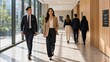 © andi - Confident Diverse Business Professionals Walking in Modern Corporate Office Hallway