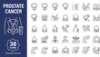 © Itx Musa - Prostate cancer web icons in line style. Urology, oncology, men's health symptoms, screening, surgery and treatment collection. Professional medical outline icon set. Editable stroke vector.