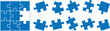 © manosh - Set of blue puzzle pieces and completed square grid pattern with missing piece complete solution strategy thinking illustration isolated collection interlocking