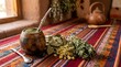 © PHOTORANA - Traditional yerba mate drink setup with herbs on colorful tablecloth indoors