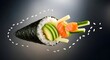 © kainat8888 - Fresh salmon and avocado temaki sushi roll with cucumber and sesame seeds on a dark background