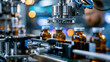 © Denis Yevtekhov - Robotic pharmaceutical packaging line moving amber bottles through labeling and sealing stations, clean stainless machinery, controlled production environment, medicine packaging, pharma