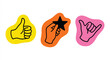 © Muhammad - Minimalist hand gesture icons set, colorful thumbs up and shaka sign stickers, hand holding star rating symbol, modern vector line art illustrations