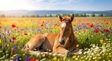 Young Chestnut Foal Resting in Colorful Wildflower Meadow