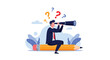 © Mitu - Ambitious businessman sitting on a giant yellow pencil using a telescope to look for answers represented by floating colorful question marks.