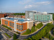© Chris Chambers - Leeds General Infirmary in Leeds, West Yorkshire, England, aerial view of the major NHS hospital, medical buildings and surrounding Leeds city centre skyline.