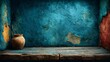 © Wijit - Abstract grunge background featuring a distressed blue textured wall and a weathered rustic wooden shelf.