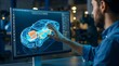 © Design Store - Engineer analyzing 3d car model on computer screen with holographic interface and blueprints in automotive design studio.