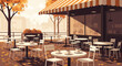 © Ganjar - Autumn cafe terrace with tables, chairs, coffee cups, and falling leaves in warm sunlight.