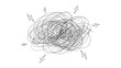 © Iryna - Messy scribble cloud with lightning bolts, abstract line art concept on transparent background. A chaotic tangled scribble cloud surrounded by hand-drawn lightning bolt icons.