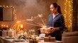 © Rendara Studio - Woman setting wrapped gift on candlelit table beneath glowing joy family love sparkler script