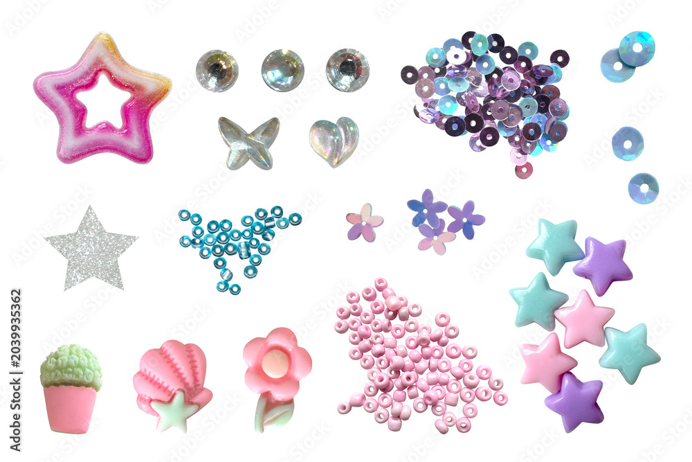 Y2k Lettering Design Beads, sequins, charms, flower beads and star embellishments collage ...