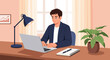 © Syamil Studio - Modern Vector Illustration of a Young Professional Man Working on a Laptop in a Home Office Setting