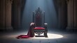 © MSTHUSNA - Dramatic throne room, red velvet cloak, empty medieval chair, dark mysterious interior