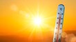© Design Store - Intense sunbeams beat down on barren cracked earth, thermometer shows high temperature, severe heatwave, global warming concept.