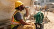 © oksa_studio - Construction worker and laborer drinking water by a fan at a hot job site for man