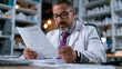 © Maksym Tereshchenko - Pharmacist in professional business attire reviewing tiered formulary documents with insurance prior authorization forms across a wide desk, benefit cost analysis spreadsheets visible, corporate pha